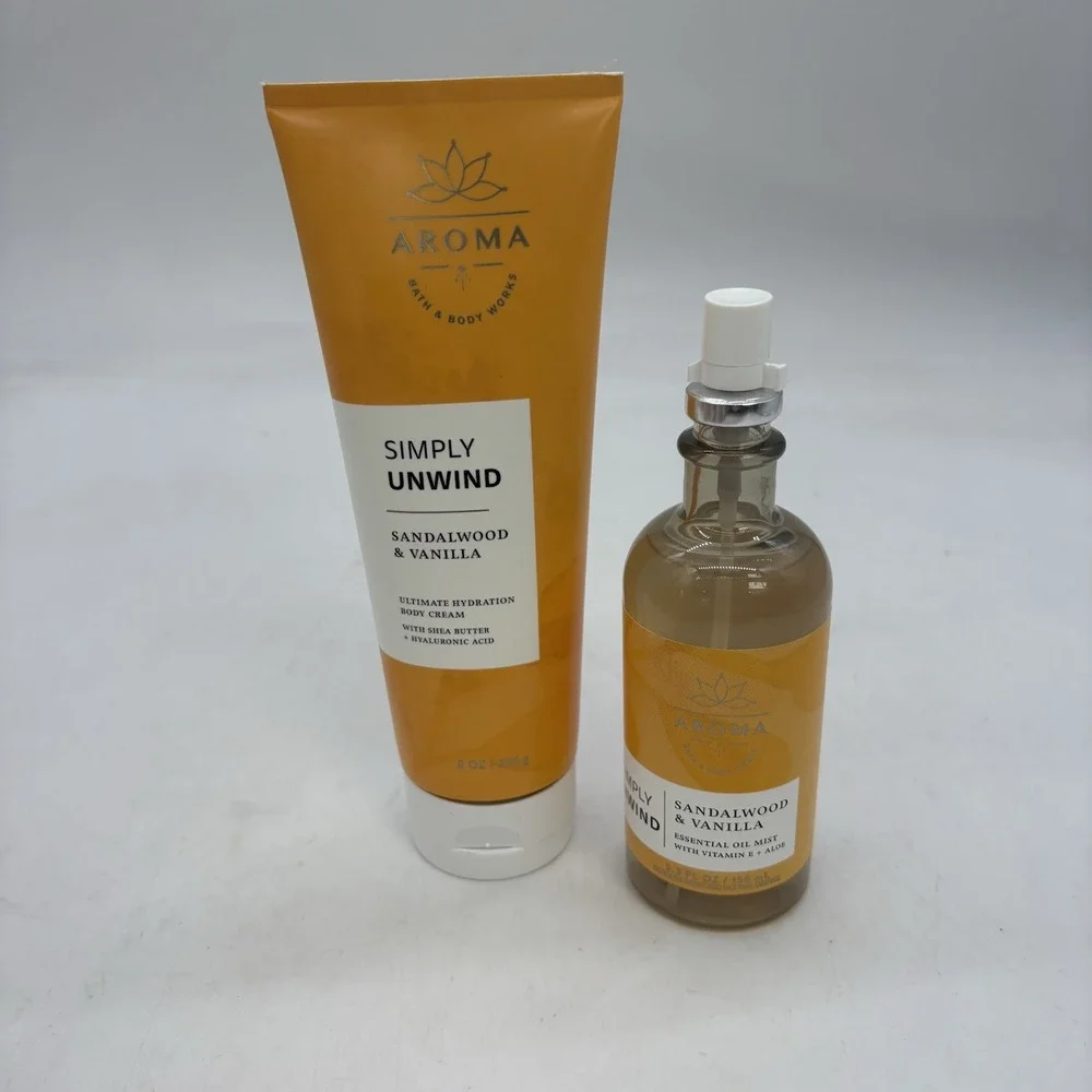 Bath Body Works Sandalwood Vanilla Lotion & Essential Oil Mist Simply Unwind Lot